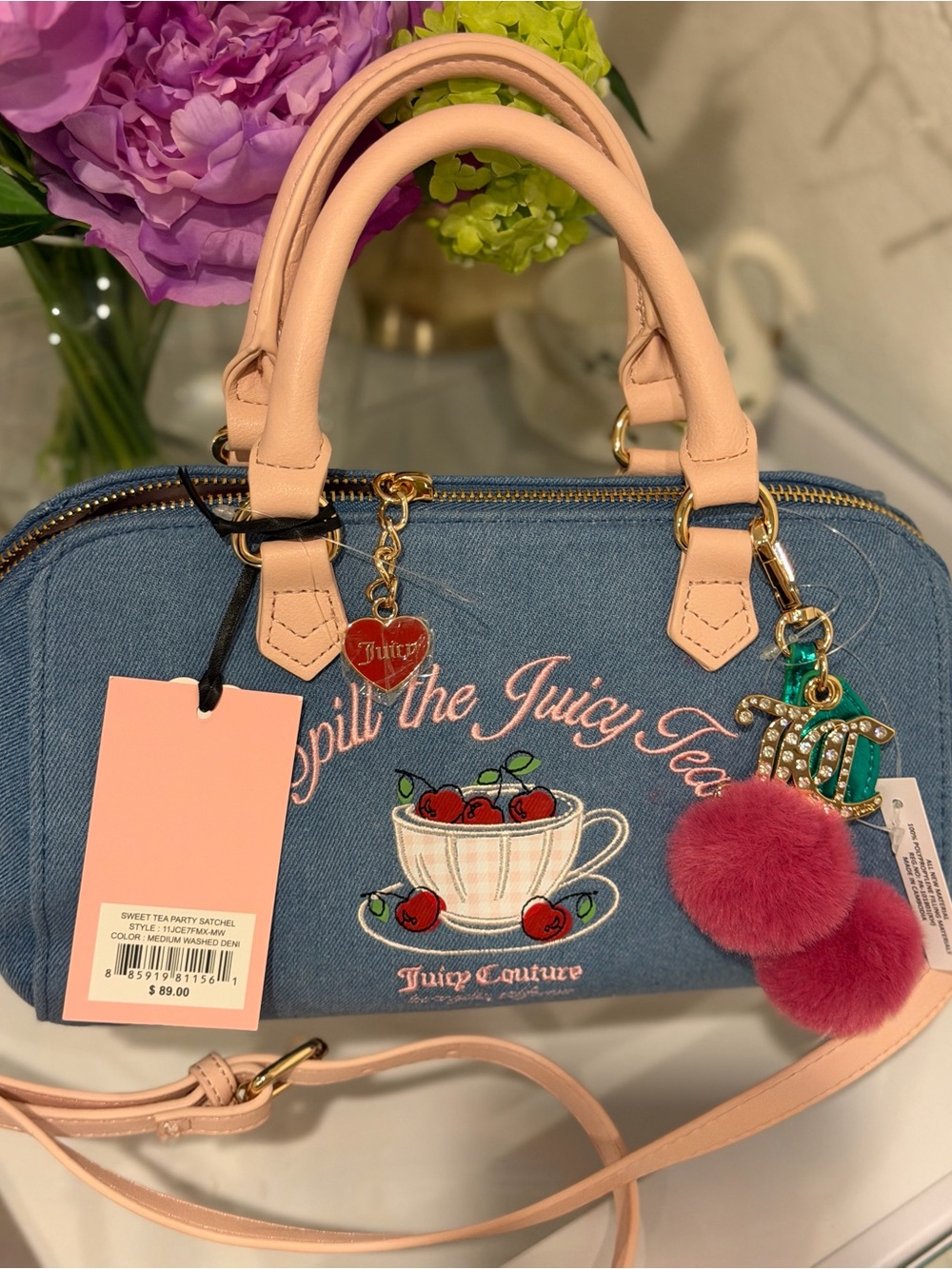 Juicy Couture Sweet Tea Party Satchel barrel bag purse pink denim spill the tea